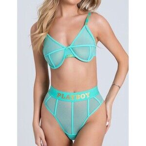 Playboy X Yandy Teal Sport Mesh Bra and Panty Lingerie Set with Logo Size S/M